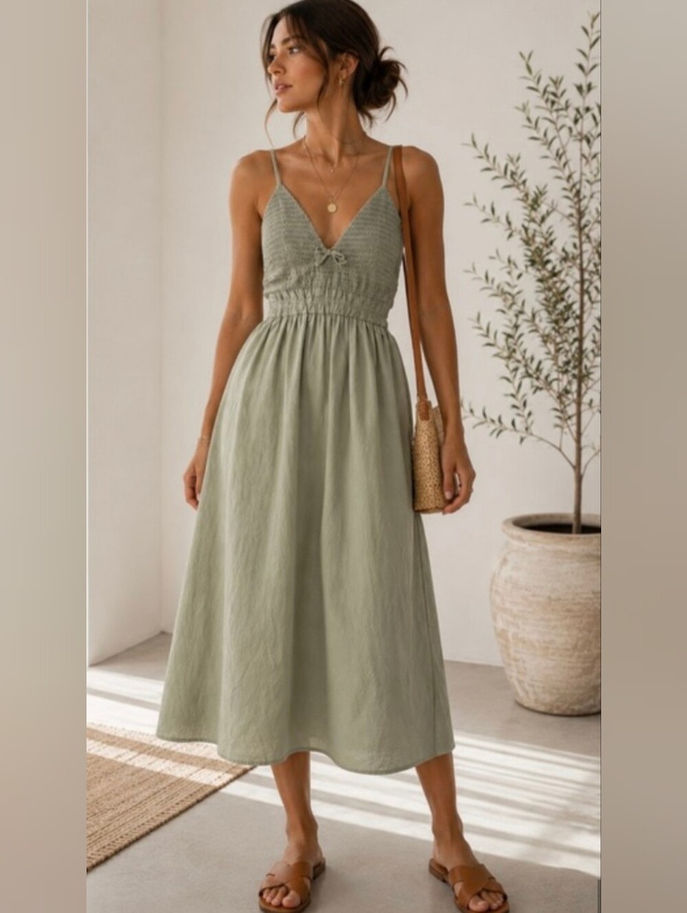 NWOT Sincerely Jules Sage Smocked Midi Dress Small Cottagecore Boho SM
